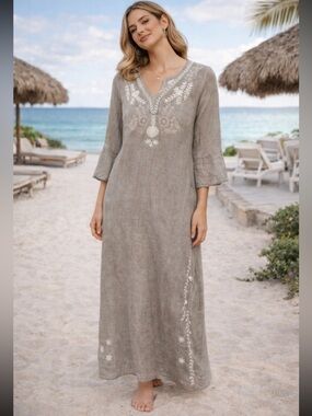 Debbie Katz South Beach Boho Embroidered Maxi Dress Coastal Resort L